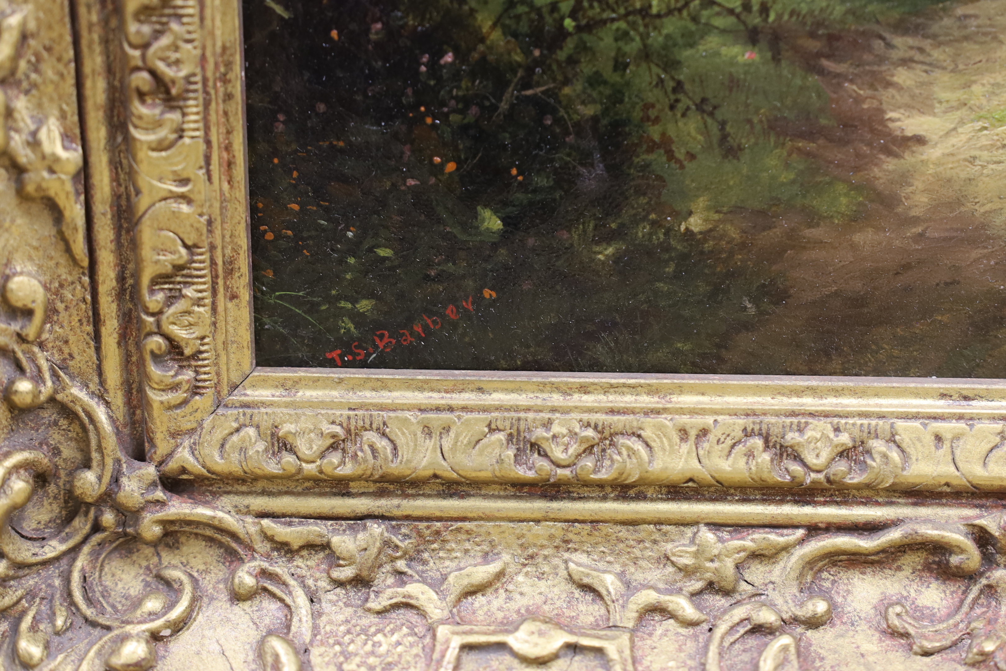 Thomas Stanley Barber (fl.1891-1899), oil on canvas, Rural landscape with figures, signed, inscribed in ink verso, 29 x 23cm, ornate gilt frame